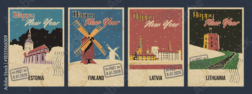 Happy New Year Greeting Cards, European Countries Main Attractions Postcards Retro Style Illustrations. Estonia Olaf Church, Finland Windmills, Latvia Riga Castle, Lithuania Gediminas Tower 