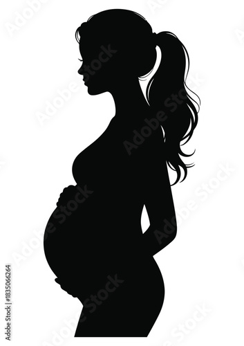 Elegant pregnant woman silhouette with long hair, striking side-profile illustration of a pregnant woman, embodying calm, anticipation, motherhood, maternal love, family planning, wellness, pregnancy 