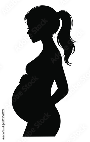 Elegant pregnant woman silhouette with long hair, striking side-profile illustration of a pregnant woman, embodying calm, anticipation, motherhood, maternal love, family planning, wellness, pregnancy 