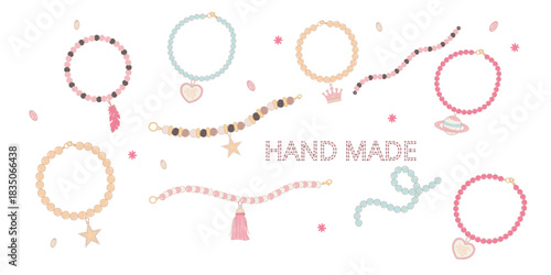 Handmade Beaded Bracelets and Necklaces Set with Charms and Tassels on White Background
