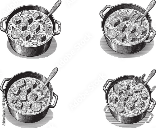Vintage Belgian Carbonade Flamande beef stew pot icon set with rustic engraved cookware and simmered cubes