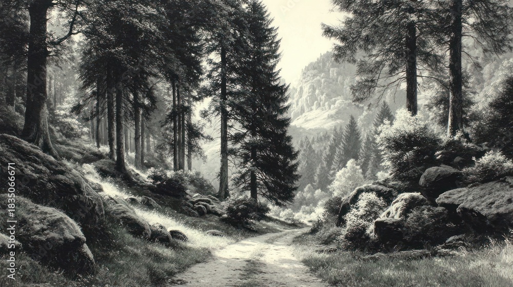 Obraz premium Sepia-toned forest path winds through trees up a mountainside