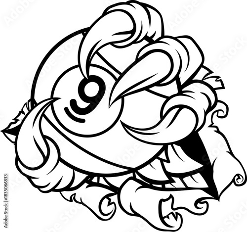 Claw hand nine ball pool billiards sports mascot holding a 9 ball cartoon illustration