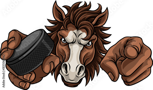 Horse mustang bronco stallion ice hockey angry sports team mascot holding a puck.