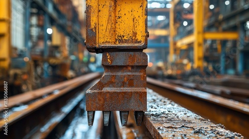Rusty yellow industrial machine part, close-up, shop interior, long steel beams
