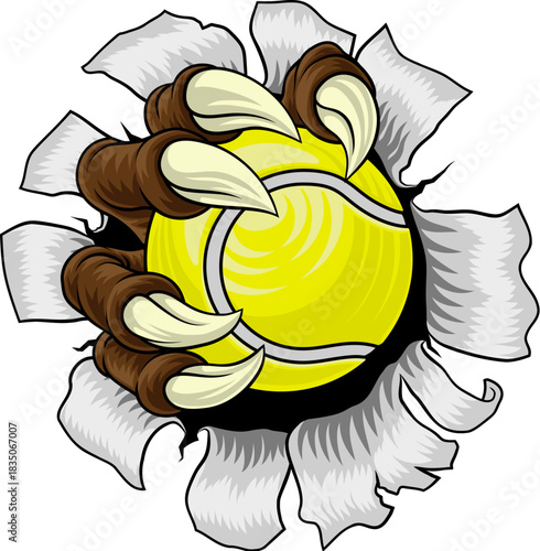 A tennis claw sports illustration of an eagle or animal monster hand holding ball