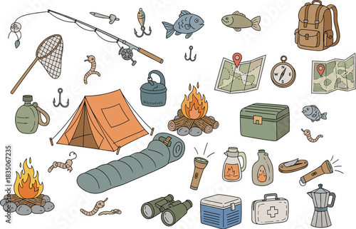 Camping and fishing equipment illustration, outdoor adventure gear icons, travel tools, survival essentials, wilderness camp items, hobby and exploration symbols
