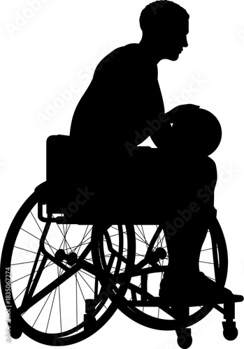 Focused wheelchair basketball silhouette of a male player holding the ball, ready for action.