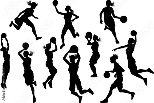 Silhouettes of women female basketball players in action. Set of dynamic poses including dribbling, shooting, and dunking. Ideal for sports graphics, design, or educational use.