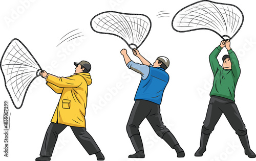 Illustration of people casting large nets, dynamic fishing action poses, outdoor activity sequence, traditional net throwing technique shown in multiple stages