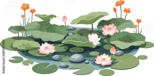 Peaceful pond with blooming lotus flowers, lush lily pads and stones in calm water, serene nature illustration for botanical artwork