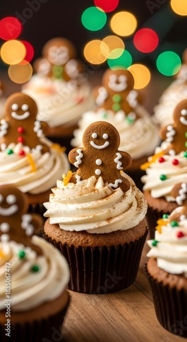 Wallpaper Mural Festive gingerbread cupcakes topped with creamy white frosting and smiling gingerbread cookies, captured with warm bokeh Christmas lights for a cozy holiday mood. Torontodigital.ca