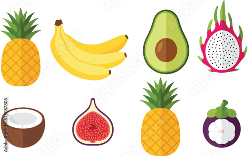 Colorful tropical fruit collection illustration featuring pineapple, banana, avocado, dragon fruit, coconut, fig, and mangosteen on a clean background