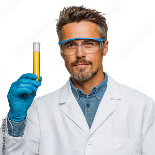 Middle-Aged Scientist Holding Test Tube with Yellow Liquid Waist-Up Photorealistic Portrait on White Background 