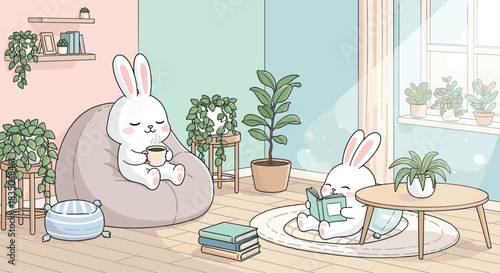 “Cute bunnies relaxing and reading in cozy pastel room with bean bag, houseplants, sunlight, wooden furniture and adorable cartoon home illustration”