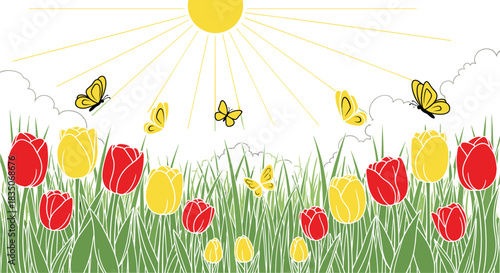 “Bright spring tulip field with red and yellow flowers, butterflies flying in sunshine, green grass and clouds in floral nature illustration”
