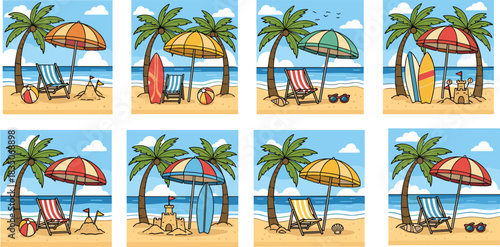 “Summer beach vacation cartoon illustrations with umbrellas, surfboards, palm trees, deck chairs, ocean waves and tropical holiday seaside elements”