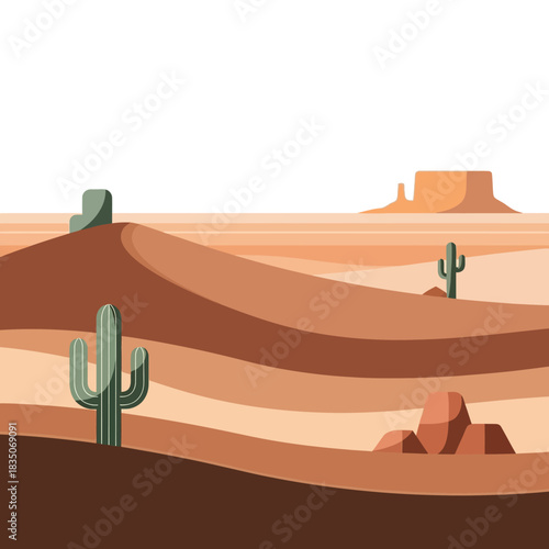 Desert landscape with cacti and rock formations.