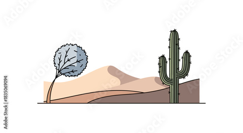 Desert landscape with cactus and a tree under the sun.