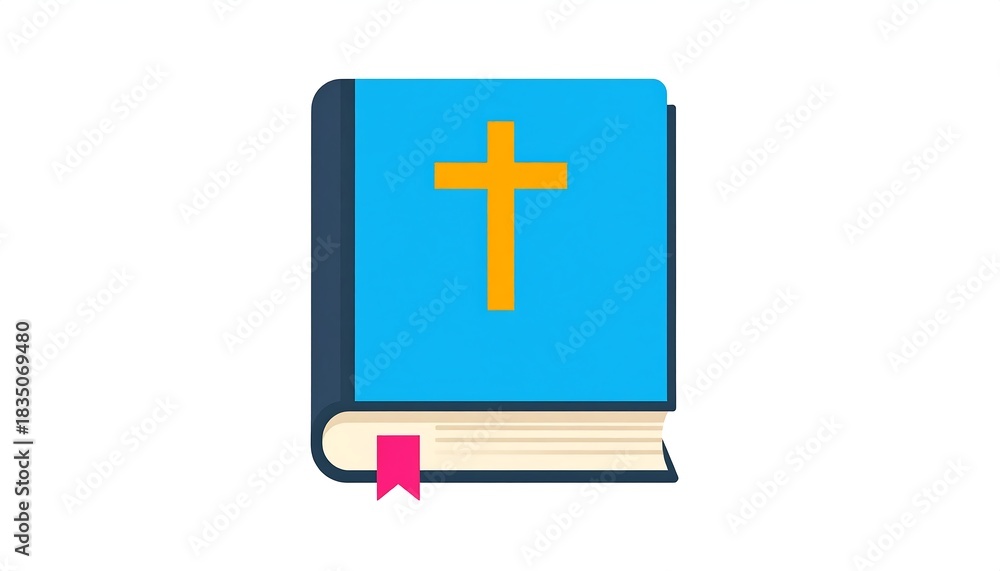 Obraz premium An illustration of a closed book, light blue cover with an orange cross and a pink ribbon bookmark on white
