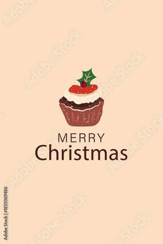 A festive illustration featuring a decorated cupcake topped with holly leaves and berries, paired with a warm “Merry Christmas” message on a soft beige background.