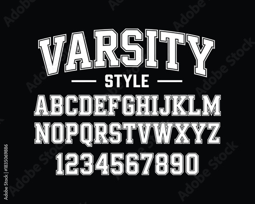 Varsity style alphabet font set featuring bold collegiate block letters and numbers, perfect for sports jerseys, school apparel, team designs, posters, branding, and printable typography projects.