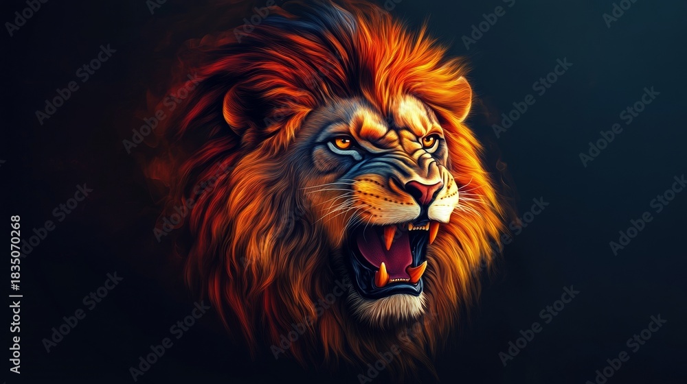 Fototapeta premium Fantasy-Inspired Illustration of a Majestic Lion in Dark Dramatic Lighting Highlighting the Power and Beauty of Wildlife in Artistic Style