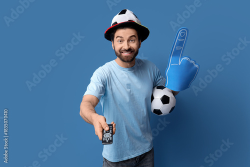 Young man with foam hand an...