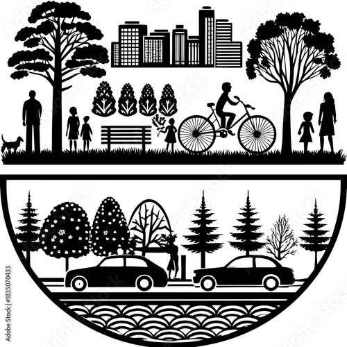 This vector set includes urban and landscape elements—people, vehicles, and plants—in both silhouette and outline styles. Ideal for CAD drawings, diagrams, and presentations