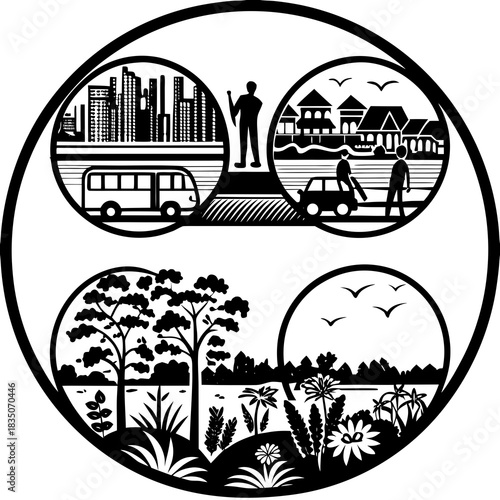 This vector set includes urban and landscape elements—people, vehicles, and plants—in both silhouette and outline styles. Ideal for CAD drawings, diagrams, and presentations