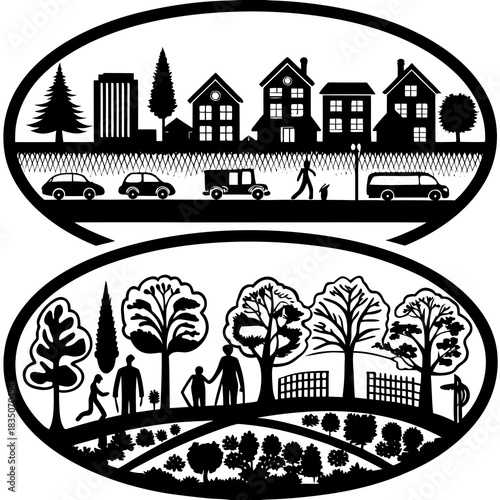 This vector set includes urban and landscape elements—people, vehicles, and plants—in both silhouette and outline styles. Ideal for CAD drawings, diagrams, and presentations