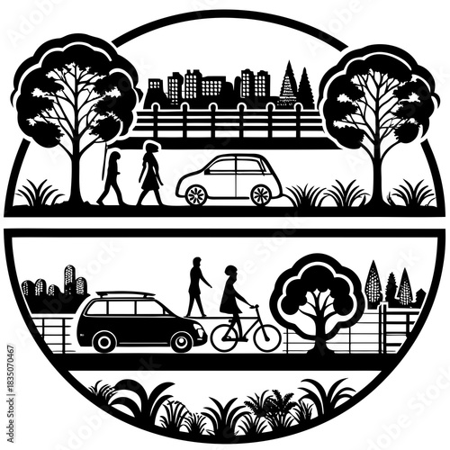 This vector set includes urban and landscape elements—people, vehicles, and plants—in both silhouette and outline styles. Ideal for CAD drawings, diagrams, and presentations