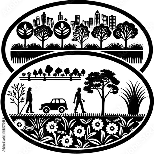 This vector set includes urban and landscape elements—people, vehicles, and plants—in both silhouette and outline styles. Ideal for CAD drawings, diagrams, and presentations