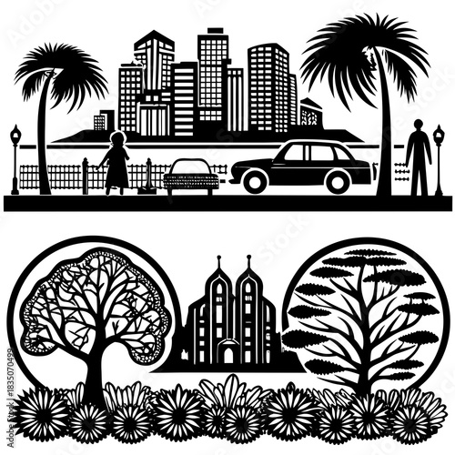 This vector set includes urban and landscape elements—people, vehicles, and plants—in both silhouette and outline styles. Ideal for CAD drawings, diagrams, and presentations