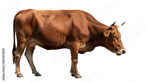 Fotografia Brown cow PNG isolated on transparent background, domestic animal with horns for