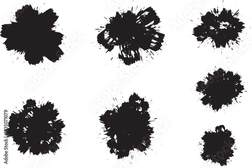 Brush set. Vector black paint brush spots, highlighter lines or felt-tip pen marker. Ink smudge abstract shape stains and smear set with texture