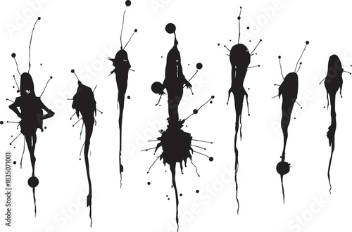 Brush set. Vector black paint brush spots, highlighter lines or felt-tip pen marker. Ink smudge abstract shape stains and smear set with texture