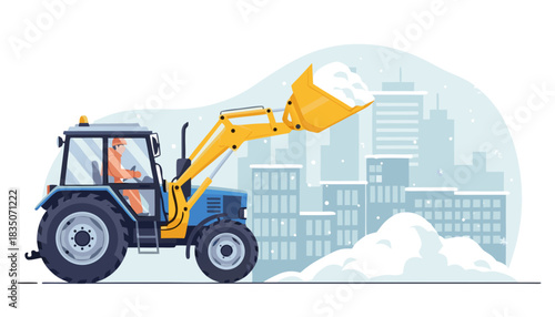 Tractor lifting snow with its front loader in urban environment, vector