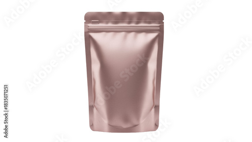 Rose gold stand-up pouch isolated PNG, blank foil bag mockup for food packaging and product presentation on transparent background