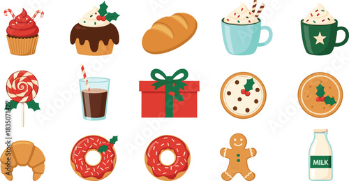 Christmas food and drink illustration set, festive treats and beverages with holly, cookies, donuts, milk, cartoon holiday graphics