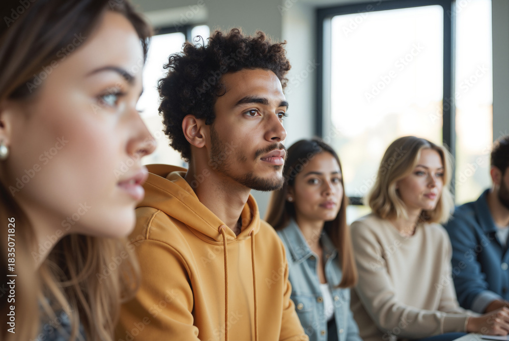 Obraz premium Young Man at Group Therapy Session – Diverse Participants in Circle During Rehabilitation Program for Stroke Recovery Support and Neurological Rehabilitation Services