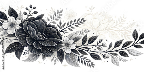 Elegant grayscale floral arrangement featuring blooming flowers and delicate botanical elements on a white background.