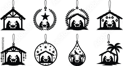 Nativity ornament silhouette set, black Christmas decorations with manger scenes, Mary Joseph baby Jesus, festive religious holiday icons