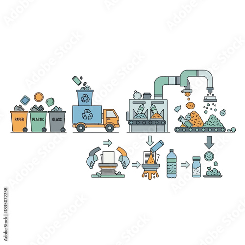 Recycling process sorting processing and reusing waste materials.