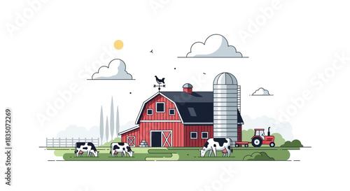 Red Barn with Cows and Tractor on a Sunny Day.