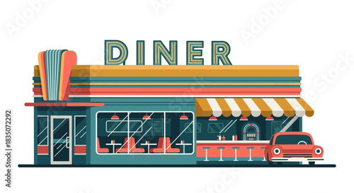 Retro Diner Building with Classic Car Illustration.