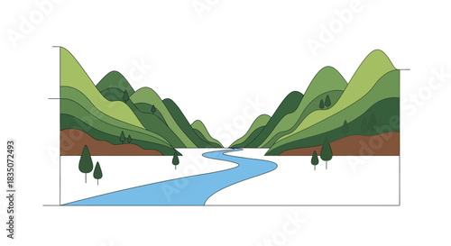 Scenic landscape of mountains and river illustration.
