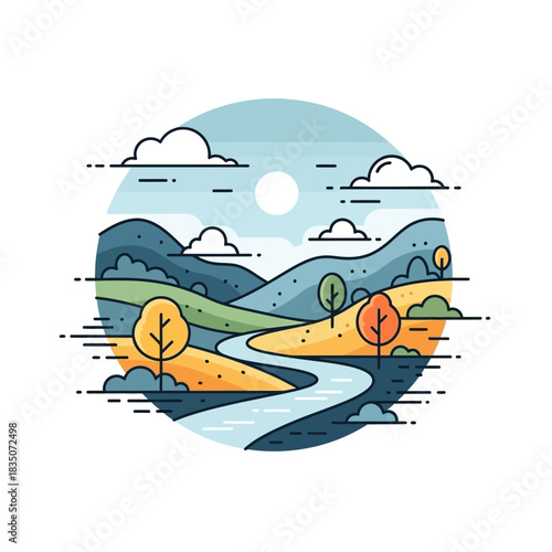 Scenic landscape illustration with river and mountains.