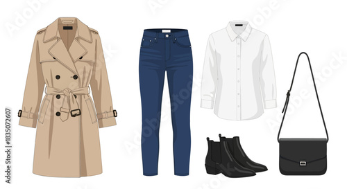 Stylish Outfit Trench Coat Jeans and Accessories.