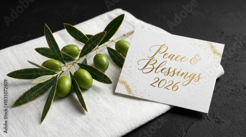 Peace & Blessings 2026 text on white card with fresh olive branch on linen napkin. Elegant New Year concept symbolizing peace, hope and spiritual harmony on dark background.
